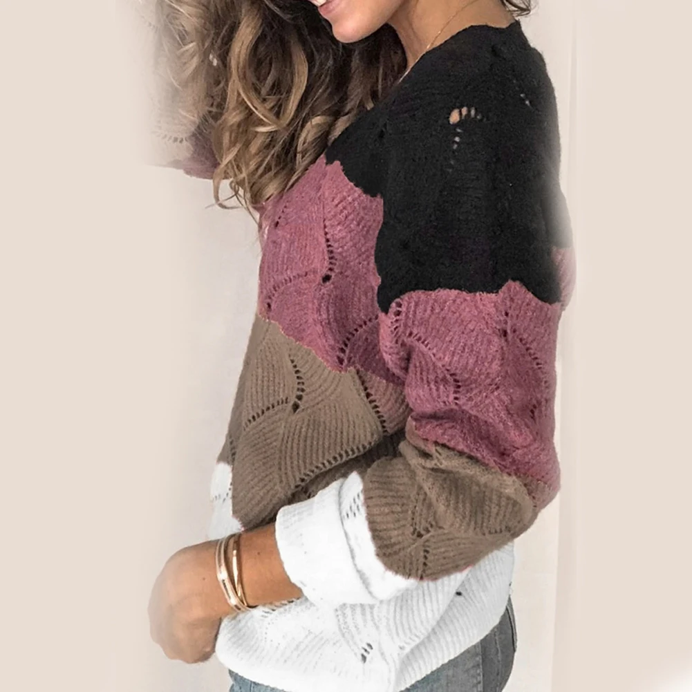 

Plus size Women Autumn Winter V Neck Long Sleeve Color Block Knitted Sweater Hollow Jumpers Women Knitted Sweater Hollow Jumpers