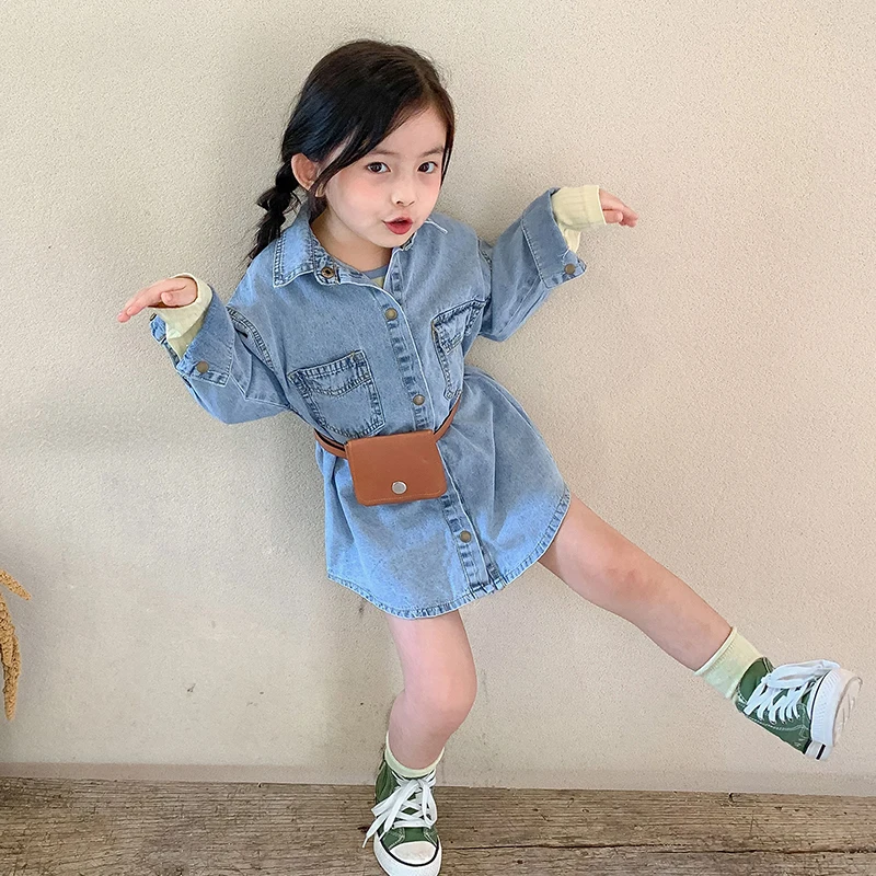 Emmababy Girls Denim Dress Kids Spring Summer Clothes Lapel Solid Color Long Sleeves A-line Dress + Bag Belt Outfit