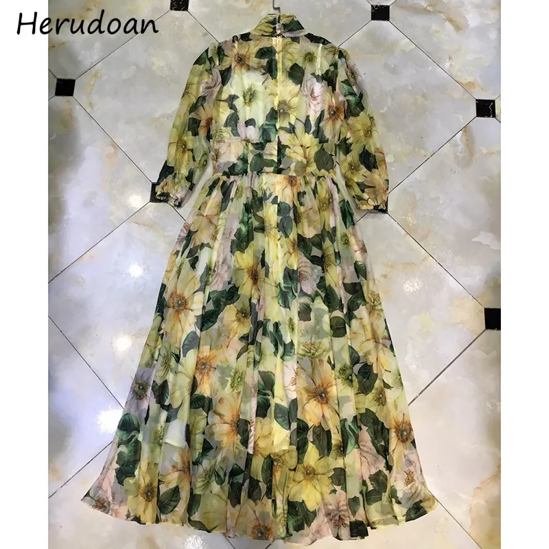 

Herudoan New 2021 Summer Runway Fashion Chiffon Dresses Women Lantern Sleeve Bow collar Floral-Print Elegant Vacation Dress