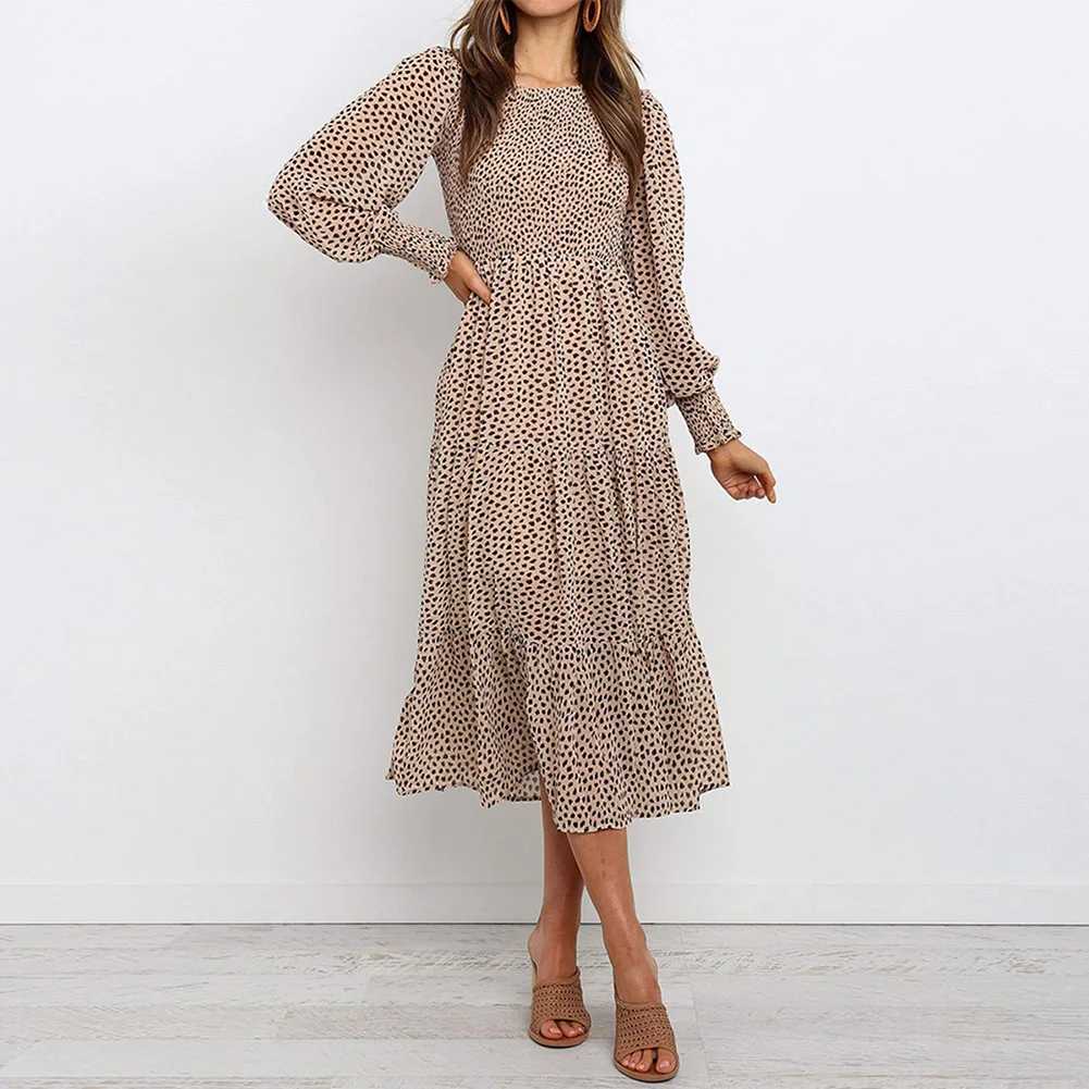 Шифоновое платье с принтом и высокой талией круглым вырезом длинным рукавом в