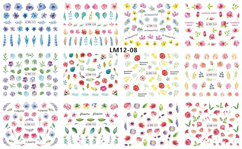 12 Designs Watermark Nail Art Decoration Water Decals Flower Flamingo Bird Rose Sticker Manicure Sliders Adhesive Tip BN913-924