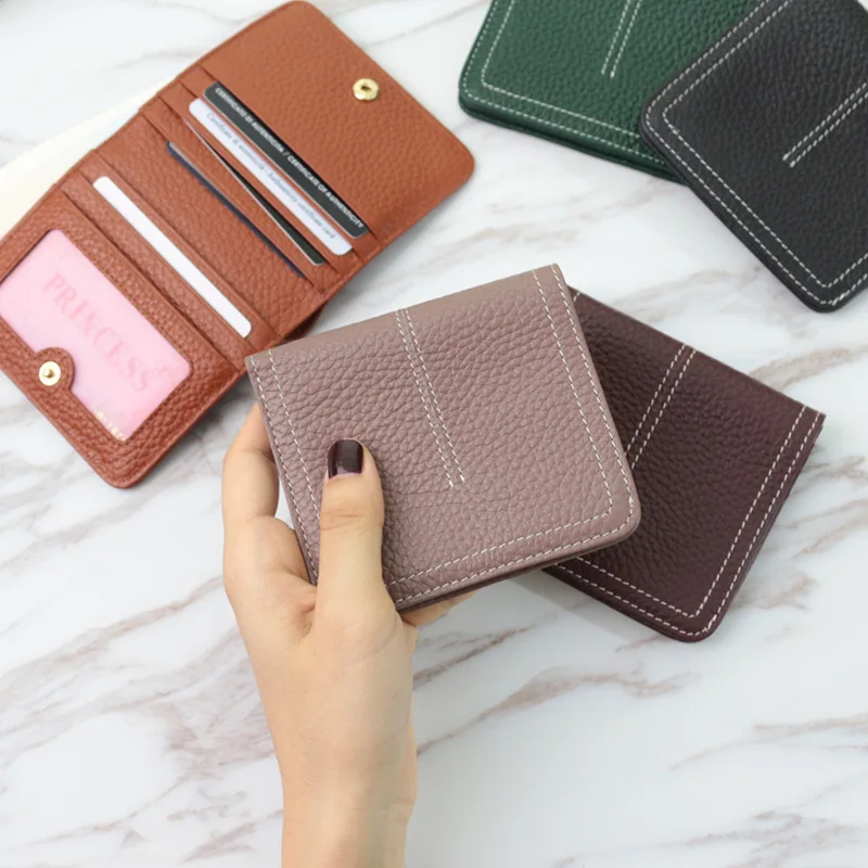 

2021 SS Ladies Slim Card Holders Wallets Genuine Cow Leather Contrast Stitching Utra Thin Women Short Purse Credit Card Holders