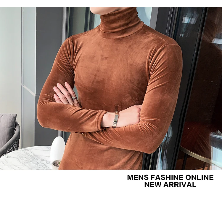 Азиатский размер Slim Fit стрейч бархат водолазка Мужская футболка с длинным рукавом осенние вечерние Нежные мужские