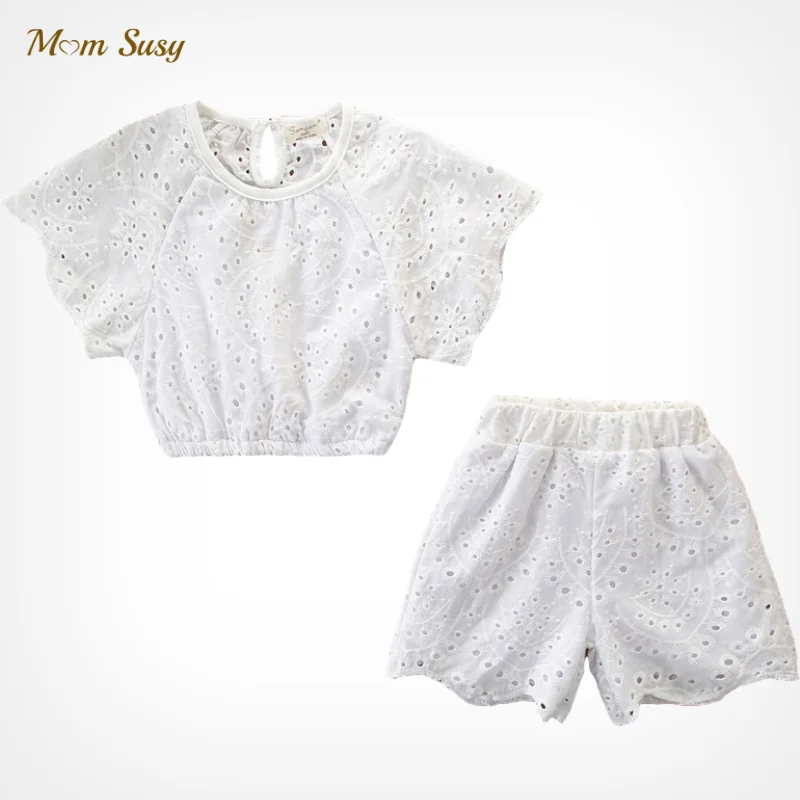 

Хлопковая кружевная одежда для маленьких девочек, комплект из 2 предметов, короткий топ + шорты, летний костюм принцессы с шортами, винтажный...