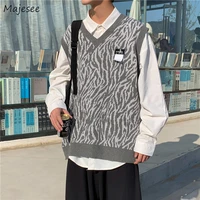 men sweater vest v neck tie dye print patchwork harajuku knitted males leisure chic loose street outwear cool student fashion