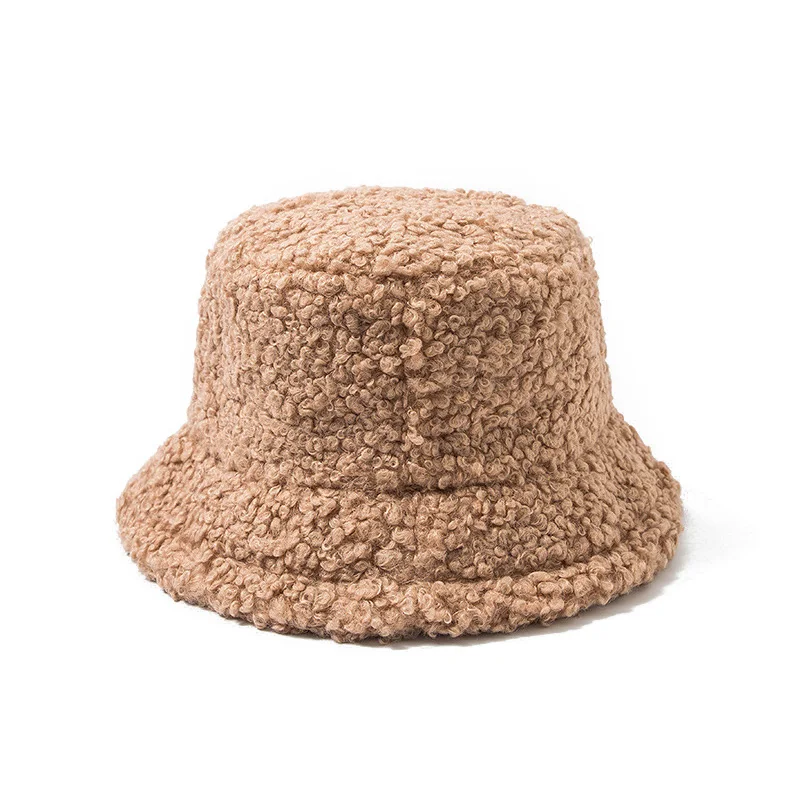 

Lamb Wool Women Bucket Hat Solid Color Winter Autumn Fisherman's Hats for Ladies Keep Warm Casual Cap Female Flat Top Hat