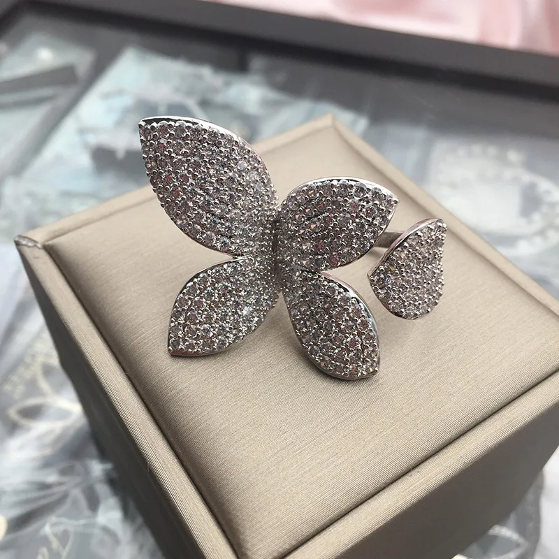 Роскошные CZ Pave Установка цветок лист для женщин кольца AAA циркон Коктейльные Вечерние кольцо бабочка для леди ювелирные изделия