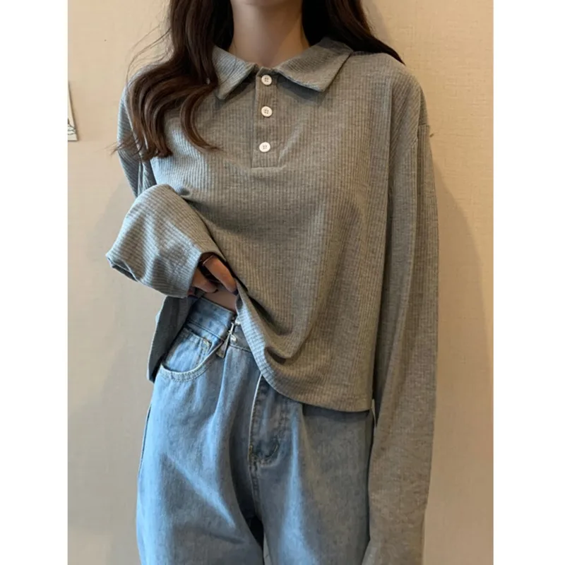 

Ленивый свитер, короткий свитер-поло с воротником, рубашка с длинным рукавом, верхняя одежда, новинка 2021, Женская Осенняя мода