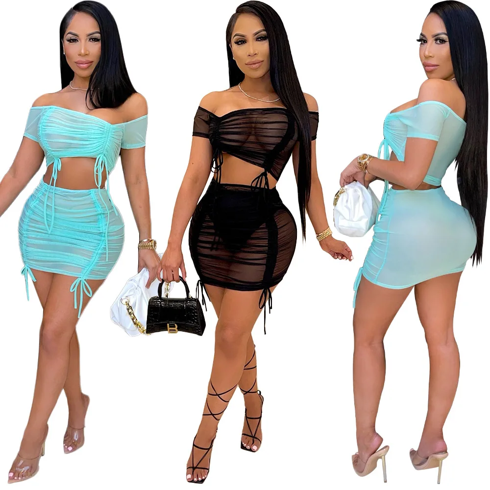 

European and American Women's Summer Hollow Strapless Short-Sleeved Solid Color Mesh Strap Sexy Short Skirt Suit Nightclub