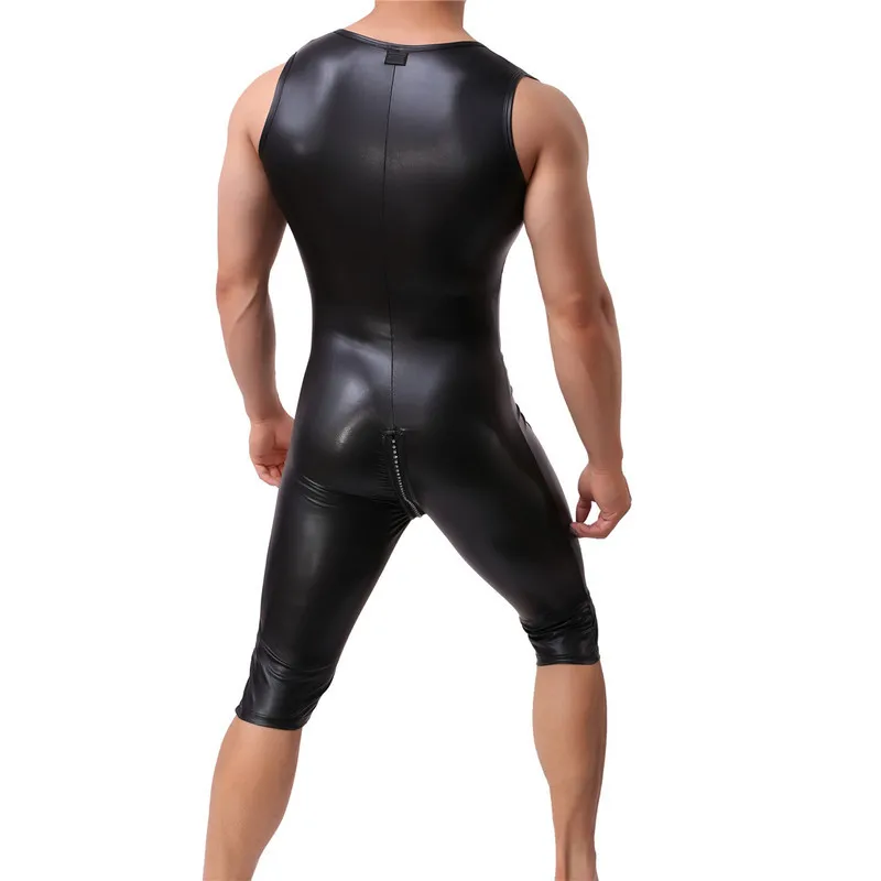 PU Leather Men Undershirts Catsuits Zipper Jumpsuits Bodysuits Wrestling Singlet Leotard Black Wet Look Stage Dance Clubwear
