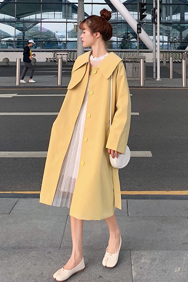

Windshield women's mid-length 2019 autumn/winter Korean doll collar belt waist over knee coat coat Streetwear Full
