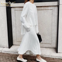 clacive white casual women skirt set autumn long sleeve shirt top matching high waist skirt set office elegant 2 piece skirt set