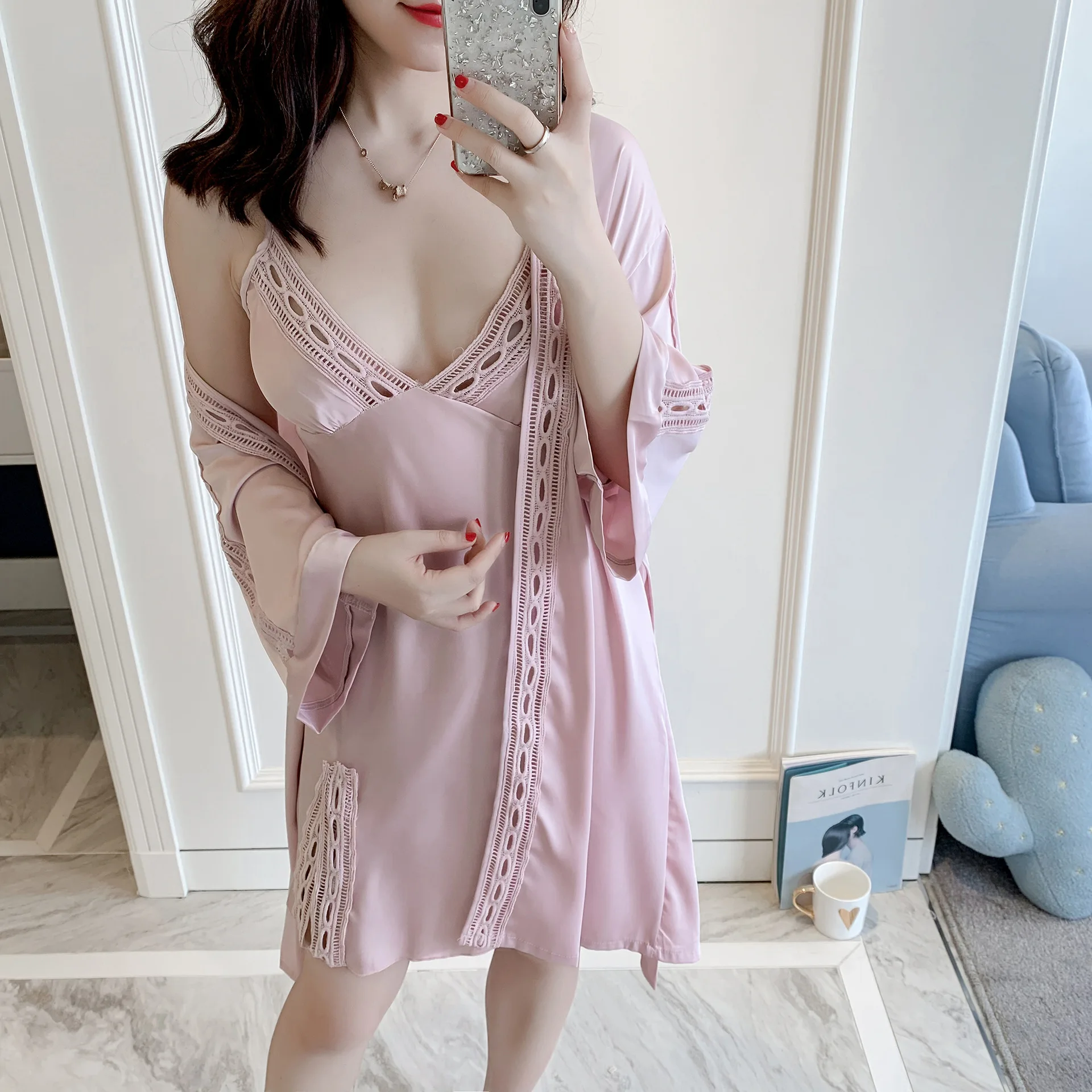 

Spring new sexy suspenders pajamas women's pajamas with chest pad ice silk long-sleeved pajamas two-piece suit home service
