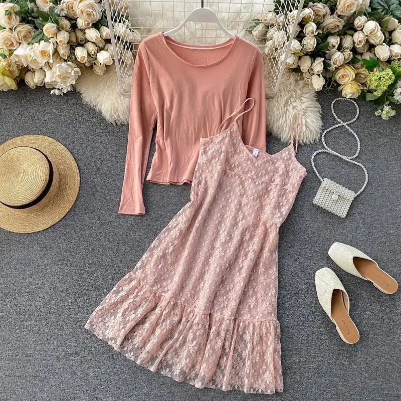 Кружевное платье с цветочной вышивкой + футболка весенний комплект из 2 предметов