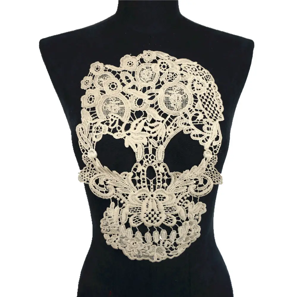 

Бежевый вышитый воротник с черепом и цветочным рисунком, готическое платье, Аппликации, нашивка для шитья, для свадебного украшения, для пла...