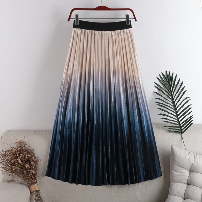 Осенняя модная Вельветовая плиссированная длинная юбка с градиентом цвета