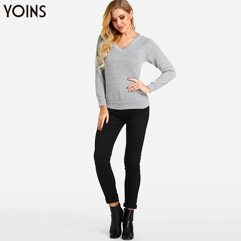 YOINS 2019 весна осень зима женские свитера и джемперы хлопок v-образный вырез длинный