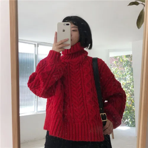 

Twisted Knitted Turtleneck Sweater Pullover Women Long Sleeve Casual Korean Loose Fashion Solid Basic Tops Sweaters 2020