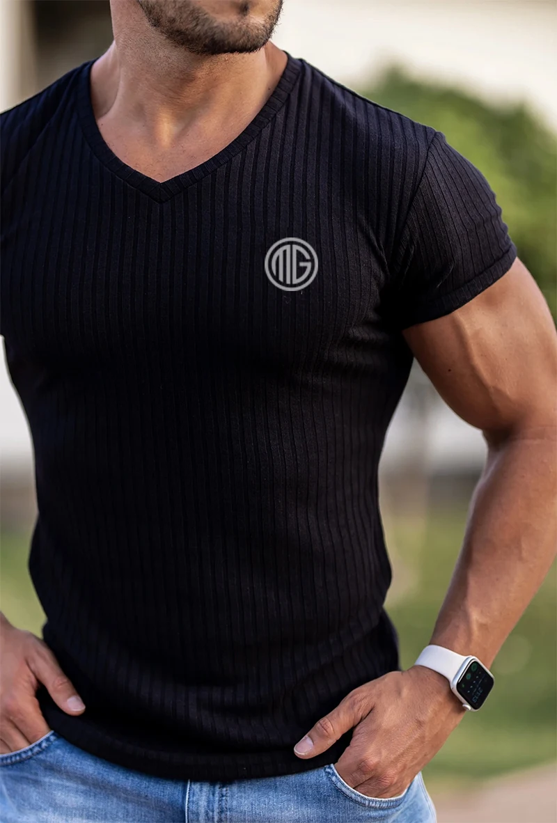 

Summer Fashion V-Neck T-shirt Men Knitting Slim Fit Gym Tee Shirt Mens Short Sleeve Pullovers Tshirts Fitness Knittwear Clothing