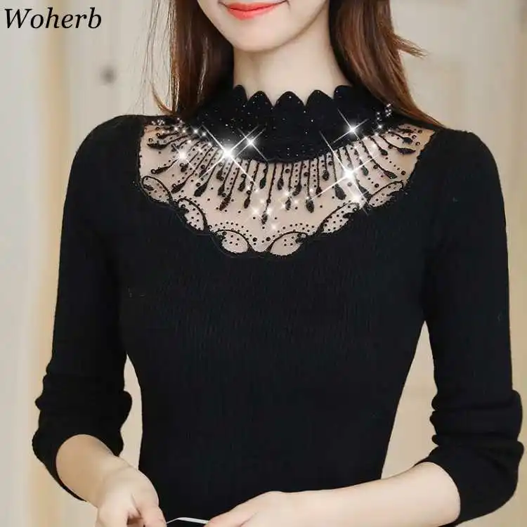 Woherb Black Sweater Women Half Turtleneck Long Sleeve Pullovers Lace Patchwork See Through Slim Knit Tops Korean Fashion 90961 | Женская