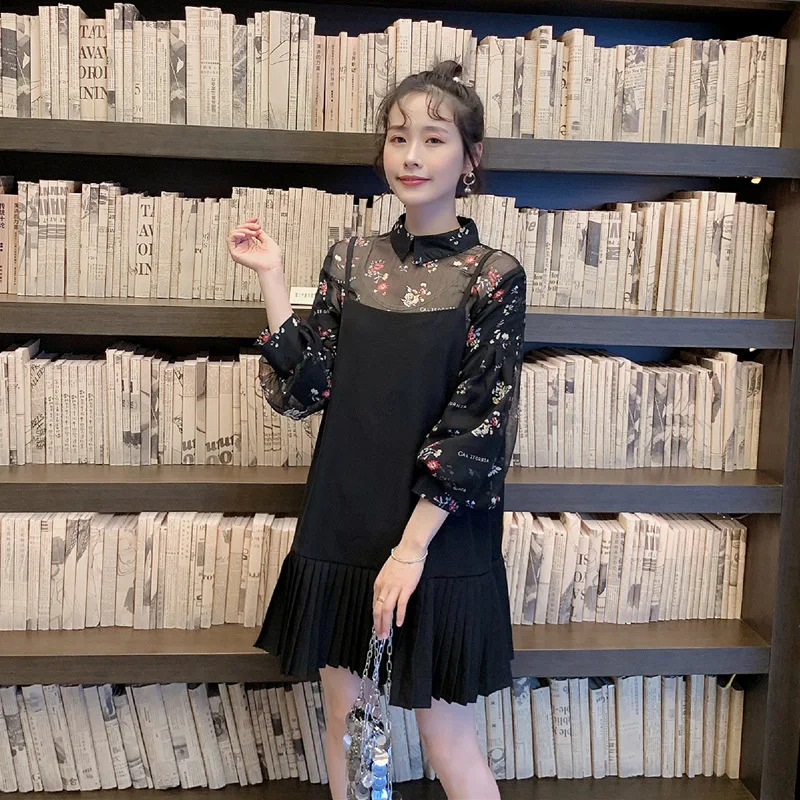 

Maternity dress Spring plus size long-sleeved floral Print pleated two-piece suit