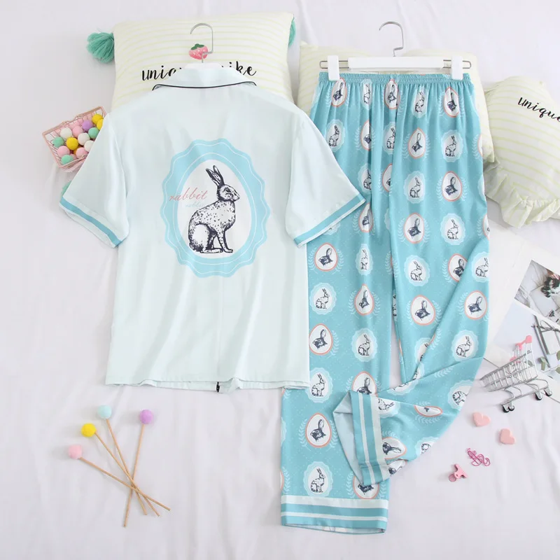 

Fiklyc Rabbit Cartoon Print Cute Young Grisl School Student Pajamas Sets Sweet Short Sleeve Summer Sleep Wear Ice Silk Clothing