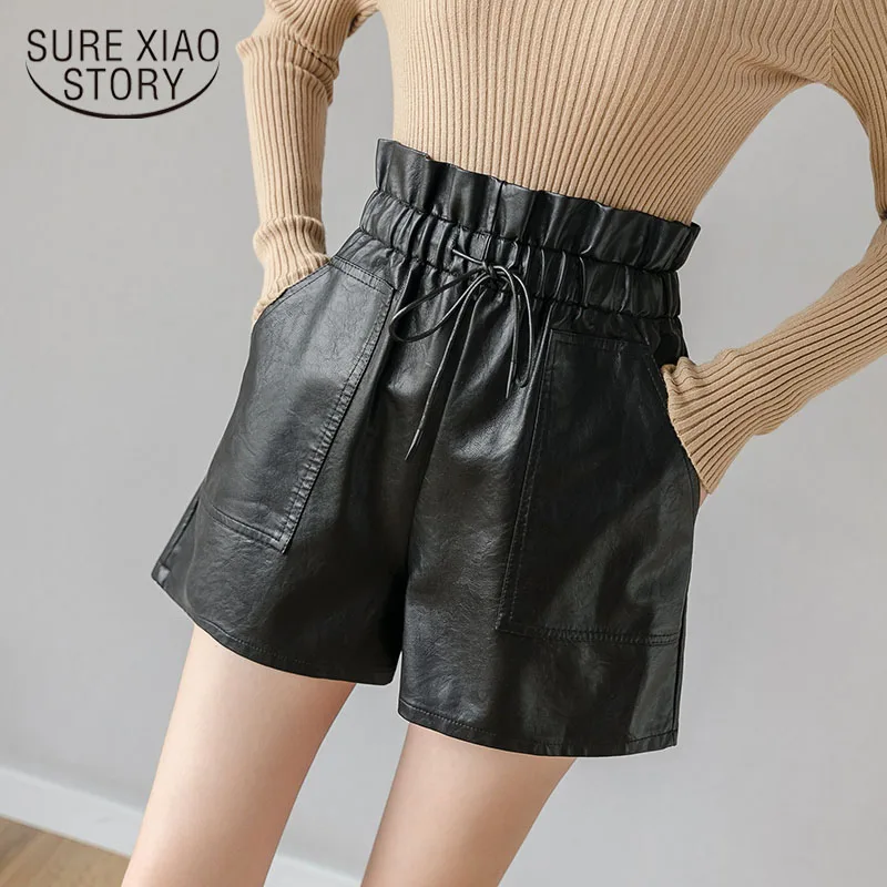 

2020 Autumn and Winter Korean Fashion with Drawstring A Word Wide Leg High Waist Loose Slimming All-match Leather Shorts 11062