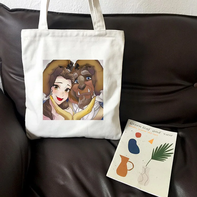 Холщовые сумки на плечо с принтом красавица диким зверем повседневные