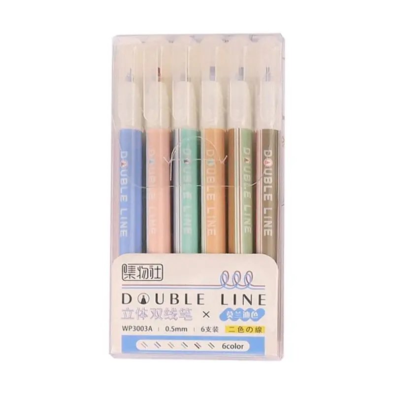 

T3EE 6pcs/set Morandi Color Double Line Fluorescent Marker Outline Pen Highlighter Writing Drawing Pens