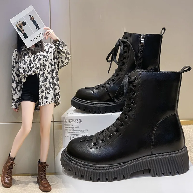 2021 new women's soft PU leather boots solid color short boots winter warm fur ankle boots thick plush mid-heel women's boots