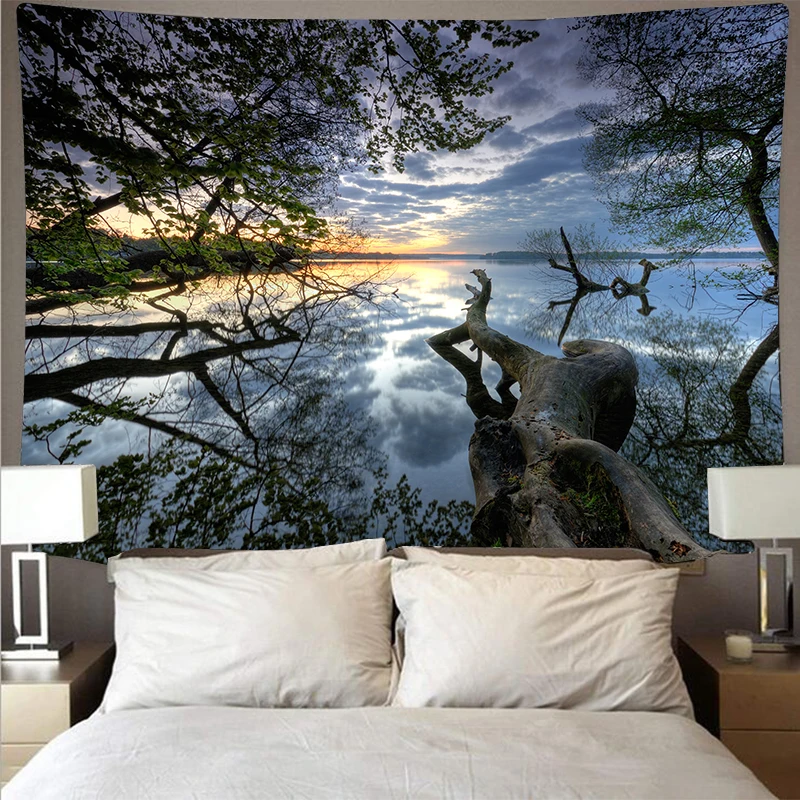 Лес река пейзаж дешевые гобелен искусство психоделический настенный пляжное