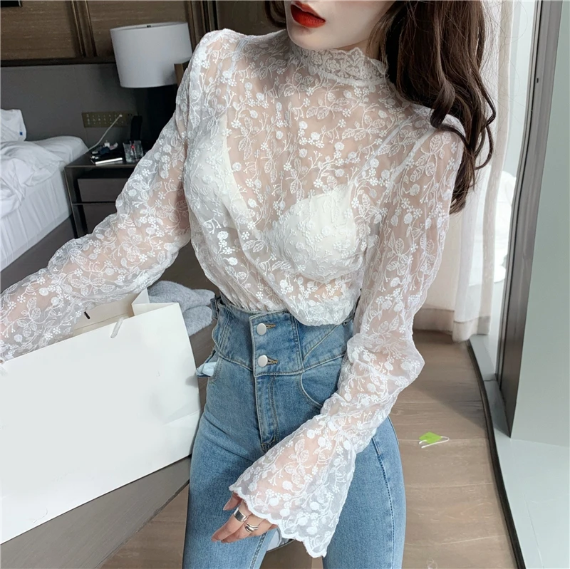 RealShe сетчатая женская футболка с высоким воротом и длинным рукавом однотонная