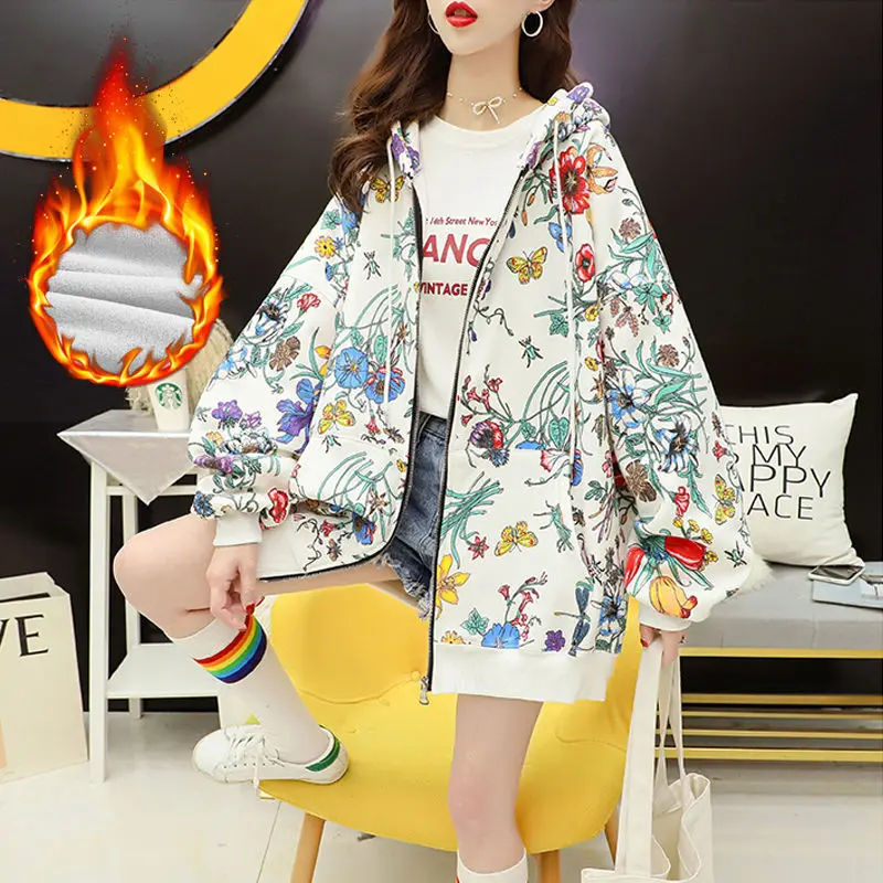 

Women Plus Velvet Thick Zipper Hoodie Casual Hoodies Loose Floral Print Sweatshirt 2021 New Autumn Winter Female Hooded Outwear