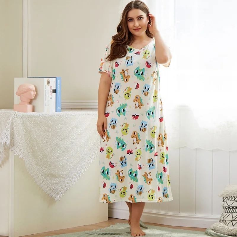 

Cute Cartoon Print Sleepwear for Women Nightgowns Summer Casual Nightdress Sleepshirt Ladies Plus Size Sleepdress