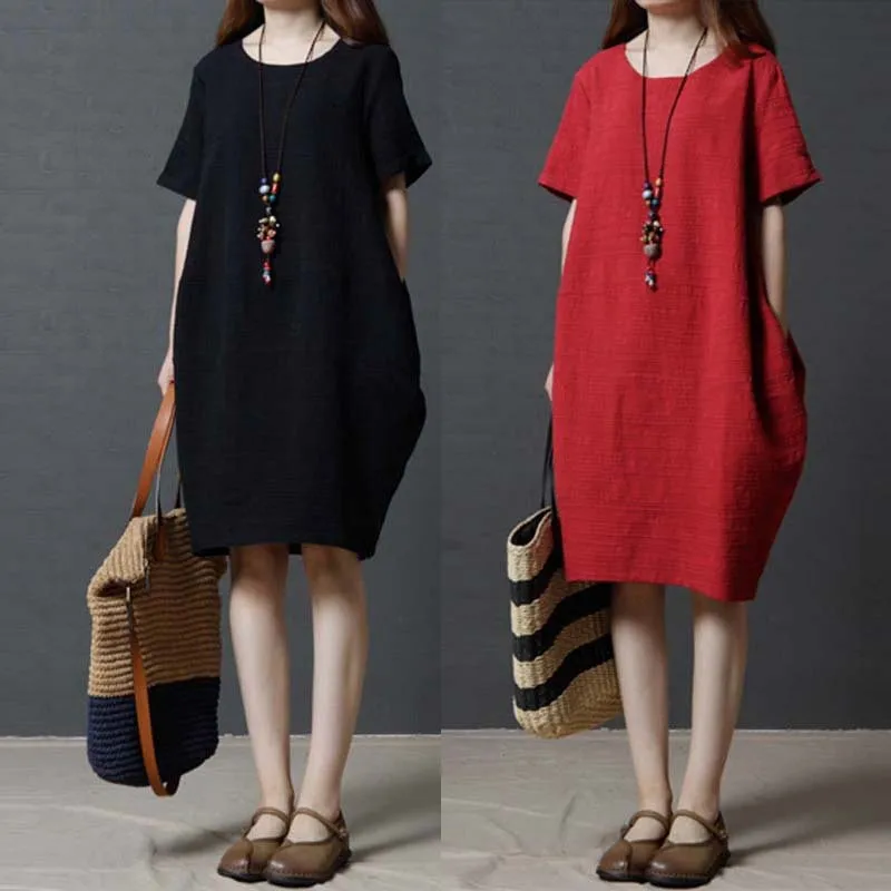 Платье женское однотонное из хлопка и льна с круглым вырезом коротким