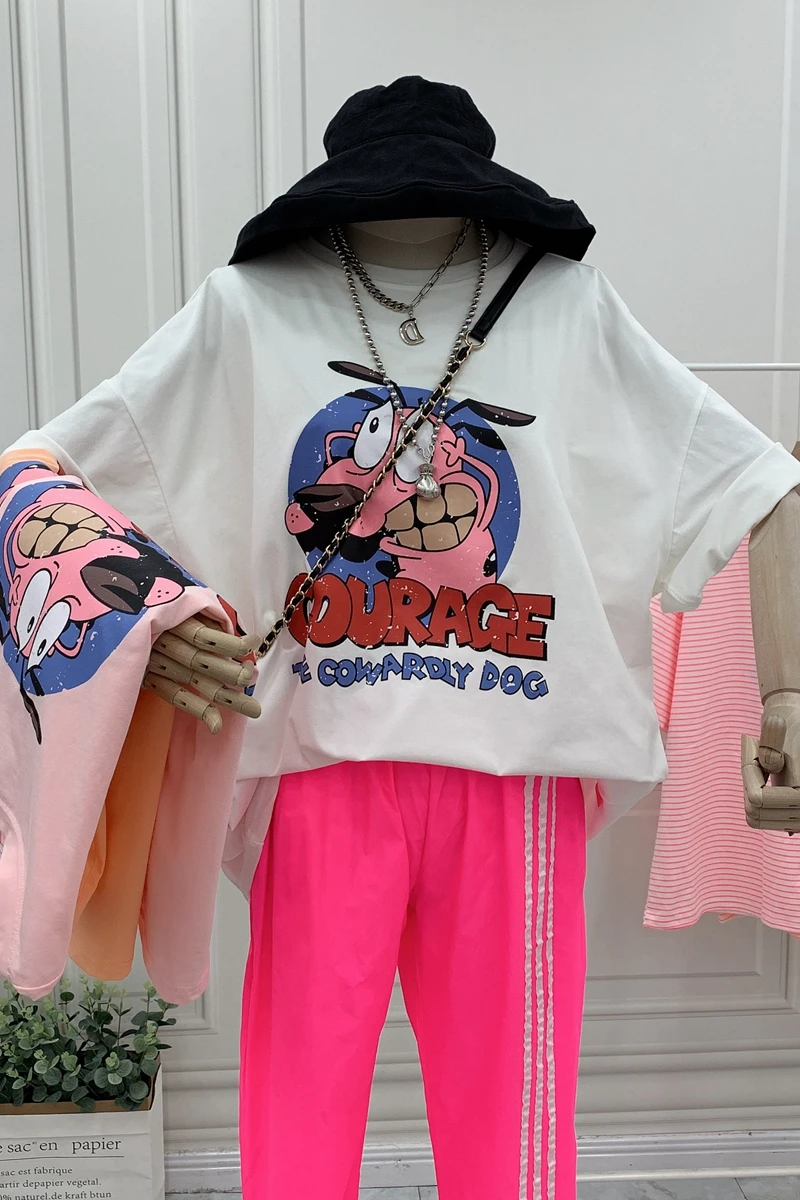 

Cartoon Printed Short Sleeve T-shirt for Women plus Loose Mid-Length Cotton Half Sleeve Summer Harajuku Graphic T Shirts Tops