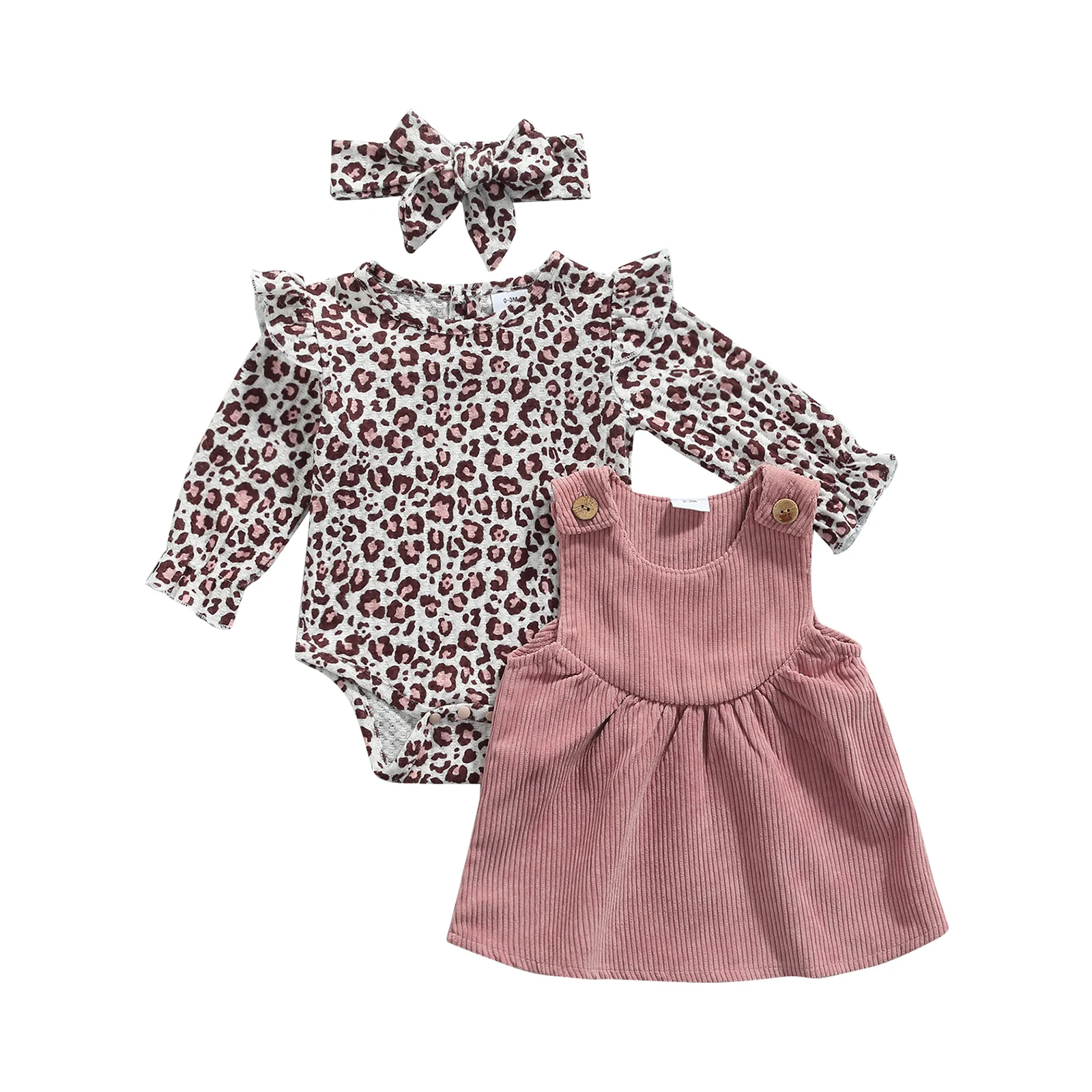 

Baby Girl Leopard Printed Long Sleeve Romper Top Corduroy Strap Skirt Headwear Autumn Cotton 3pcs Outfit Clothes Set