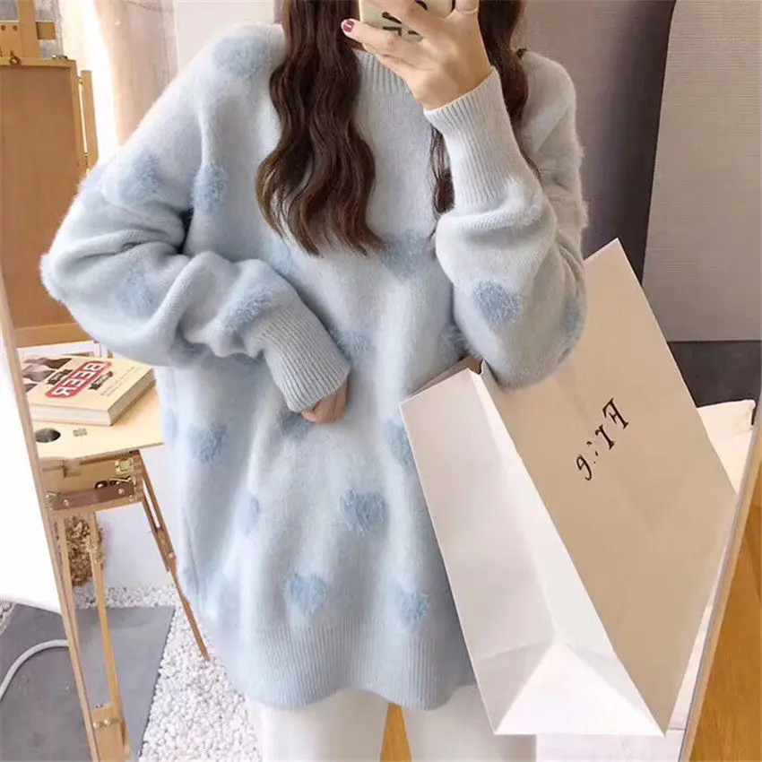 

Heart Pattern Sweater Women Warm Long Sleeve Tops Winter Clothes Pink O Neck Loose Pullover Korean Sweet T-shirt Student Casual