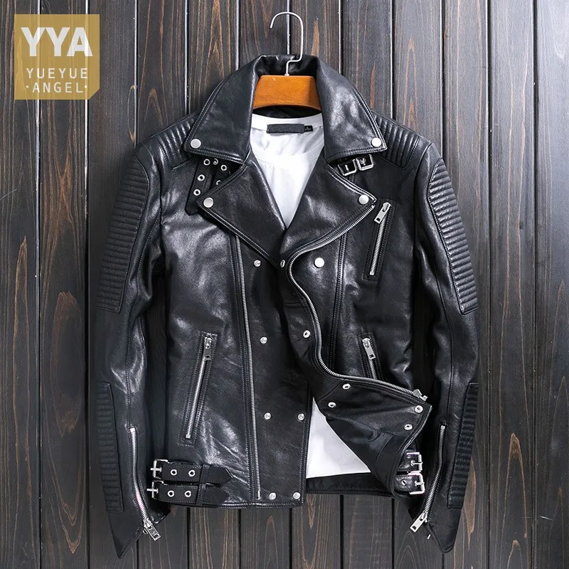 

High Quality Classic Motor Biker Jacket Men Natural Sheepskin Coat Punk Style Zip Strap Buckle Slim Genuine Leather Jackets Male