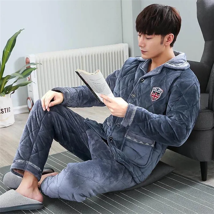

Winter Men's Nightwear Three-story Thickened Velvet Coral Fleece Winter Warm Jacket Youth Home Clothes