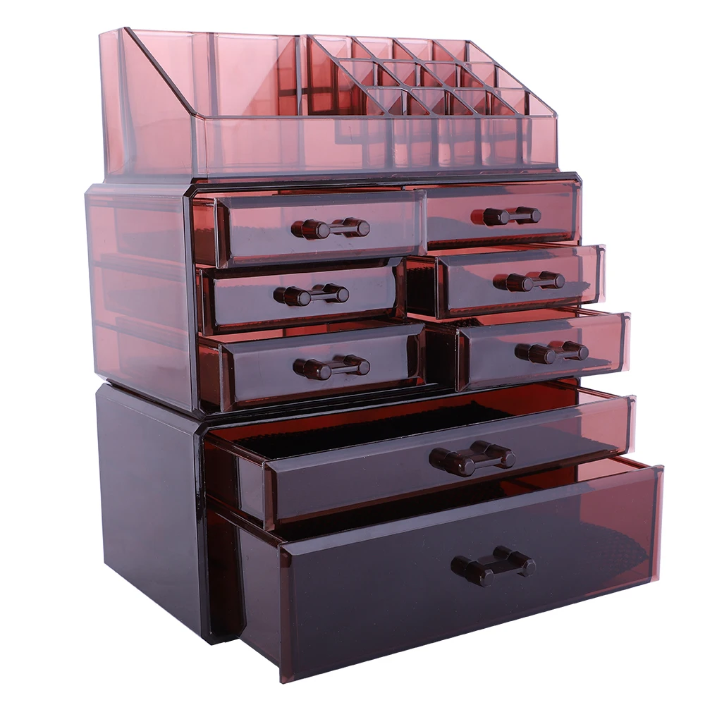 [US-W]3Pcs / Set Plastic Cosmetics Storage Rack 6 Small & 2 Large Drawers Clear Brown190823310