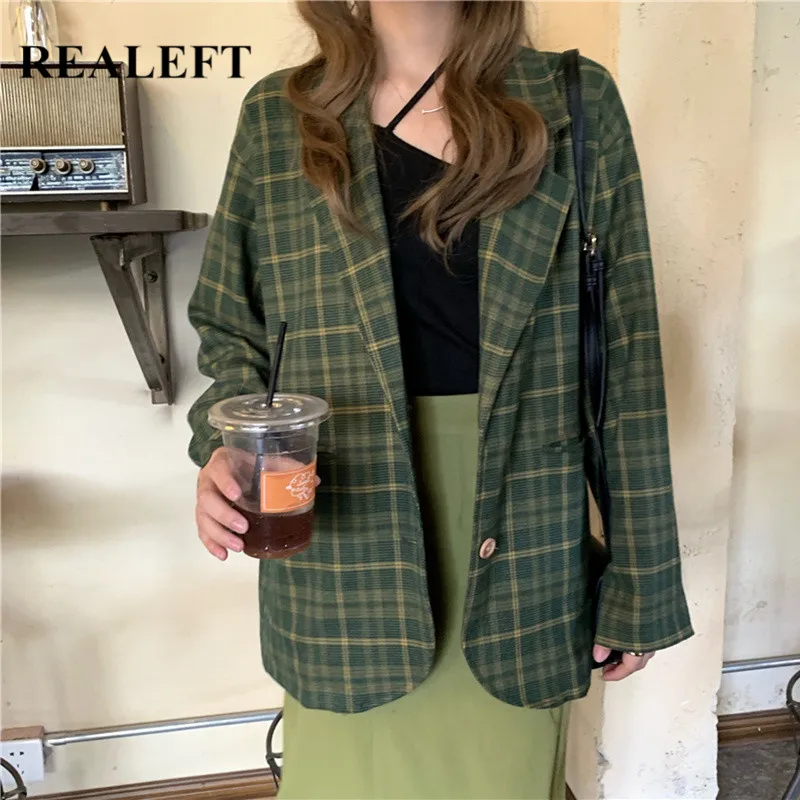 REALEFT Новое поступление зеленый плед блейзеры OL стиль одной кнопки Женская Куртка