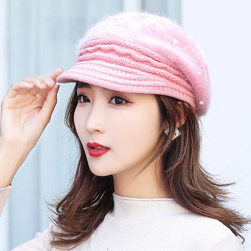 Береты новые модные зимние шляпы для женщин Толстая теплая шапка с кроличьим