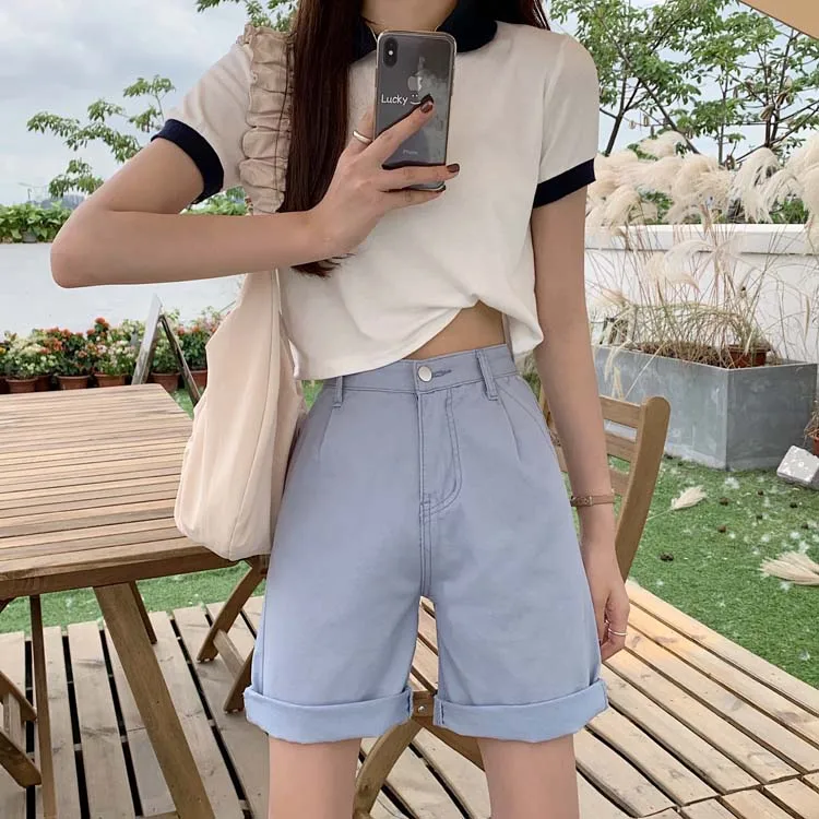 

SML 2 colors high Waist Denim Shorts jeans for Women 2020 Summer Ladies solid color denim jeans Shorts womens (F7427)