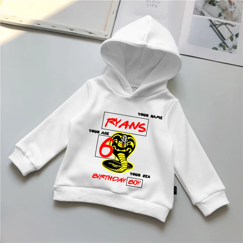 

2021 Cobra Kai Birthday Boys Girls Hoodies Sweatshirts Kids Clothes Long Sleeve Birthday Custom Cobra Hoodies Tops Number 1-9