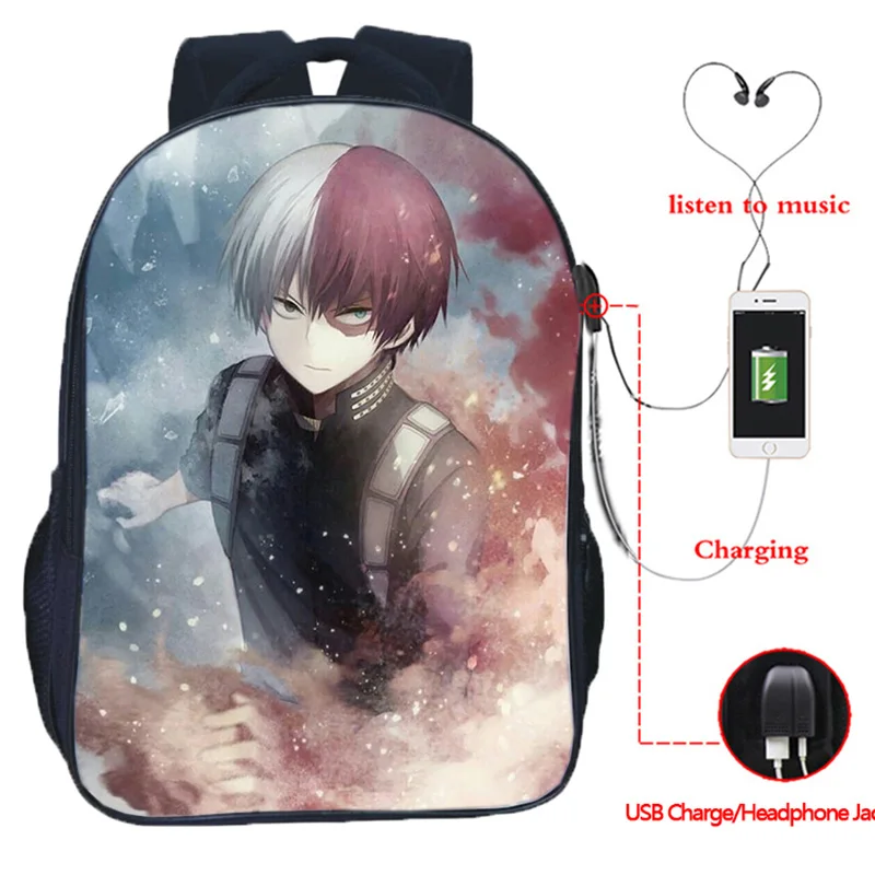 My Hero Academia Backpack USB Charging Knapsacks Anti-theft Waterproof School Bags Men Travel Bag Laptop Rucksack Hiking Mochila