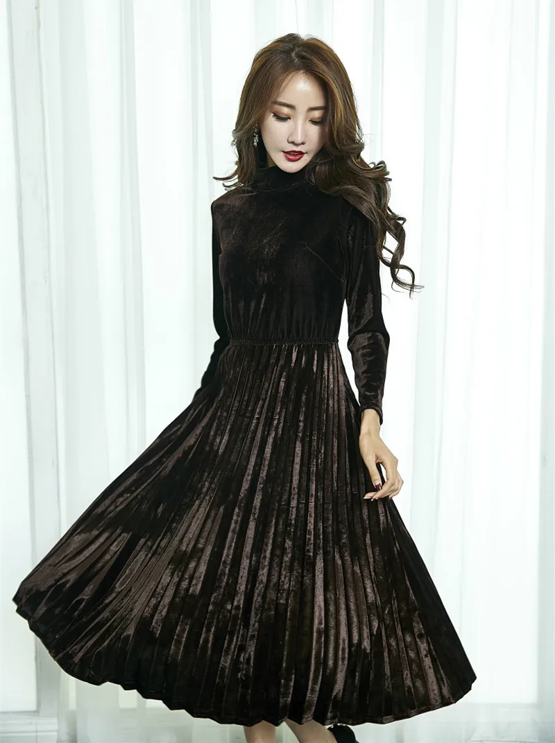 Мода 2020 бархатные женские осенне-зимние плиссированные винтажные платья Зеленое