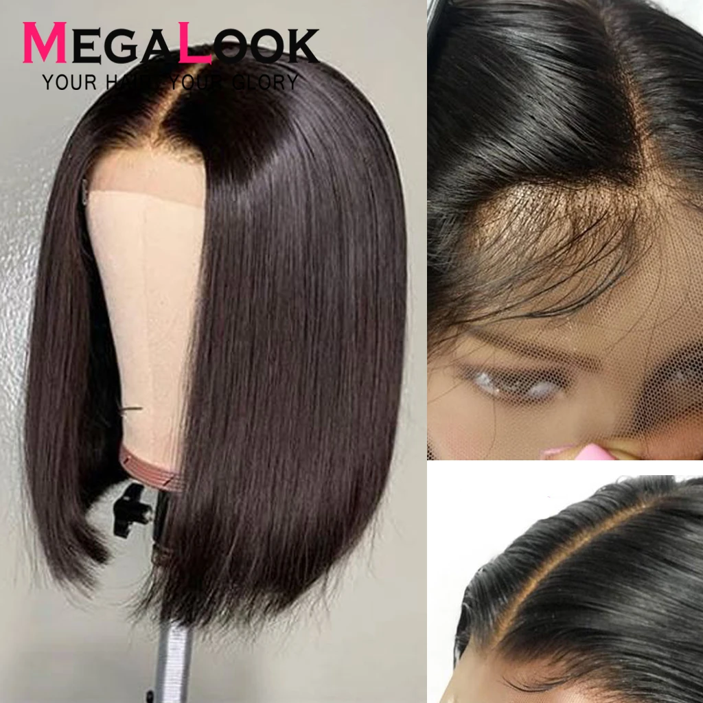 Megalook Ким К парик закрытие парик прямой 2by6 короткие человеческие волосы парик Боб кружевные парики бразильские волосы парики Короткие натуральный цвет Remy