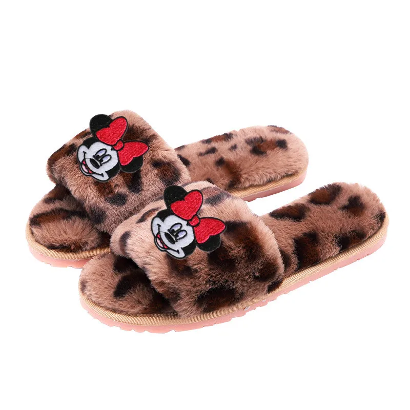 Disney/детские тапочки с рисунком Минни для взрослых; теплые тапочки на мягкой подошве; тапочки; домашняя обувь с леопардовым принтом