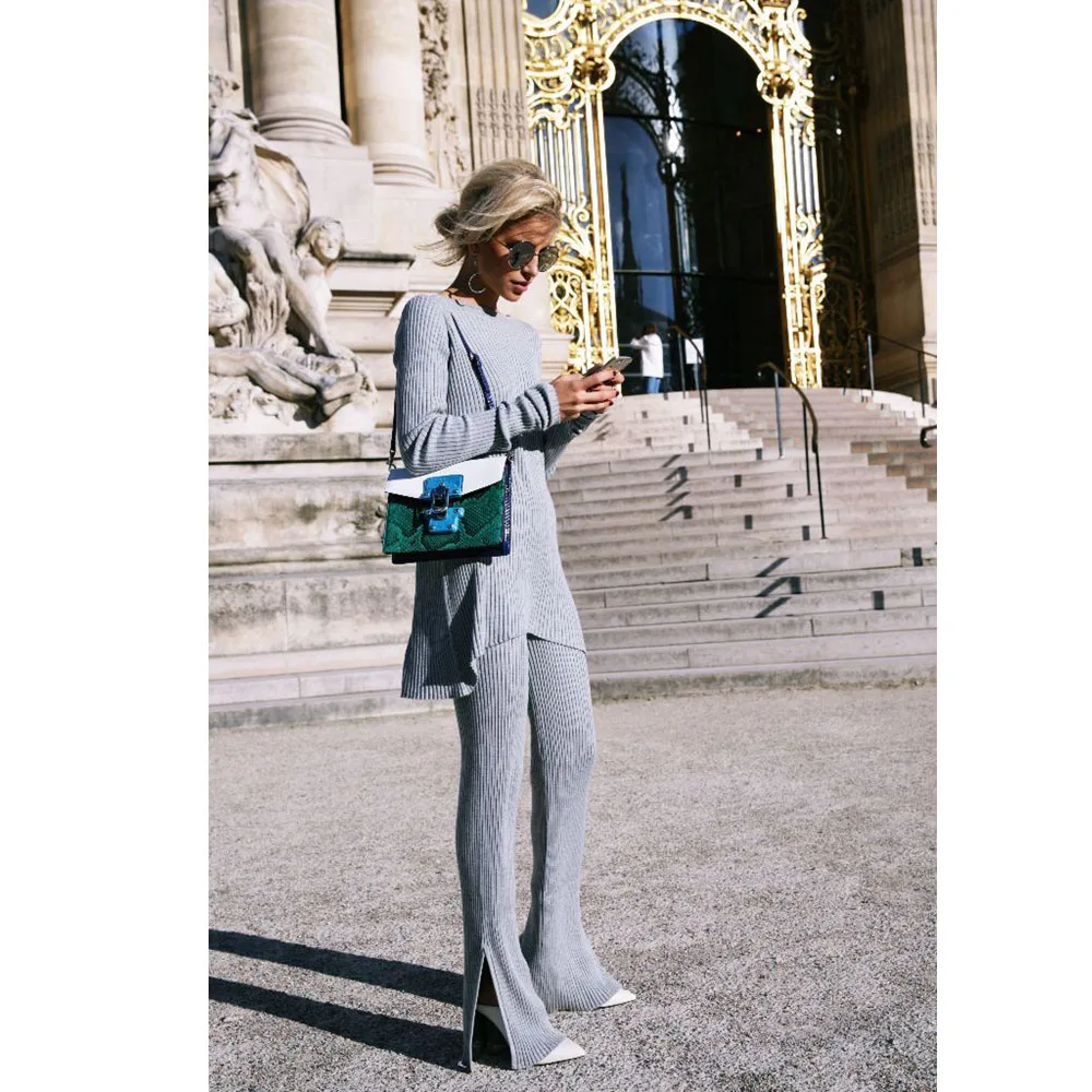 

Summer New Women's Grey Round Collar Sleeved Blouse Two Sets Loose Belt Open Horn Trousers Long Pants Suit